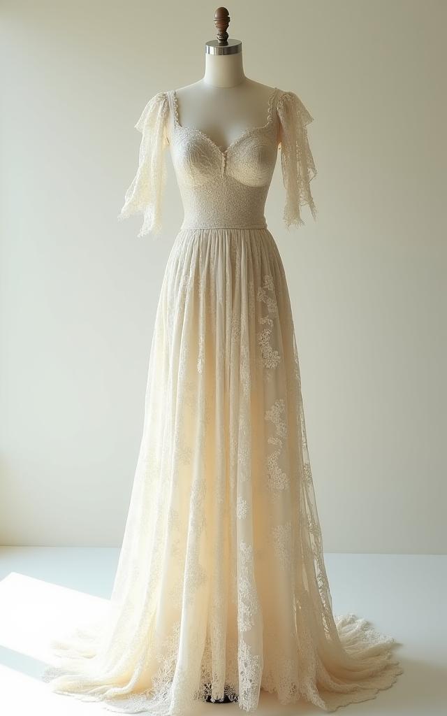 A fragile Victorian wedding dress made of lace, displayed on a mannequin.