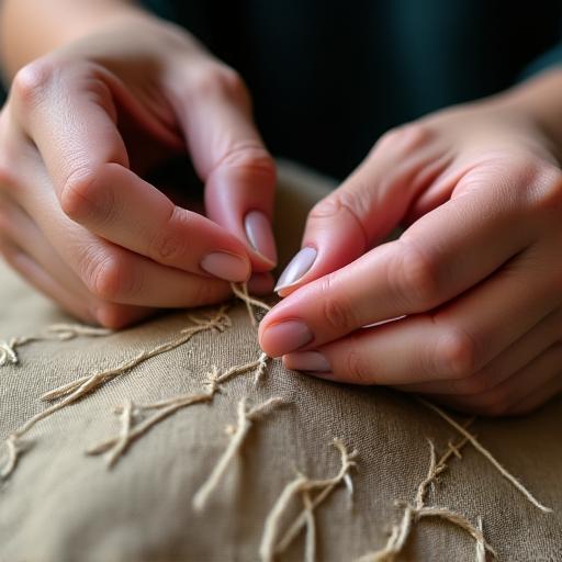 A close-up of a pair of hands performing delicate hand-stitching on an old piece of fabric.