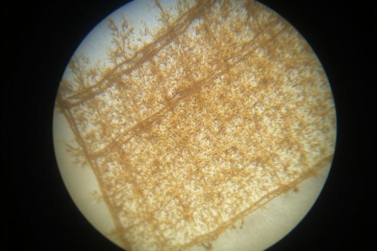 A view through a microscope showing the detailed weave of a historic fabric sample.