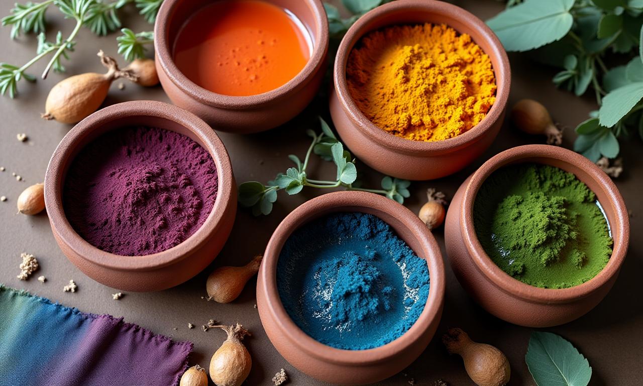 Pots of natural dyes made from plants and minerals, showing vibrant, earthy colors.